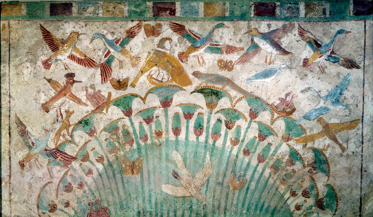 Altes Ägypten: Tiere in einem Papyrusdickicht, Kalksteinfragment aus dem Grab von Neferhotep (ca. 1400 v. Chr., 18. Dynastie), Paris, Louvre von School Egyptian