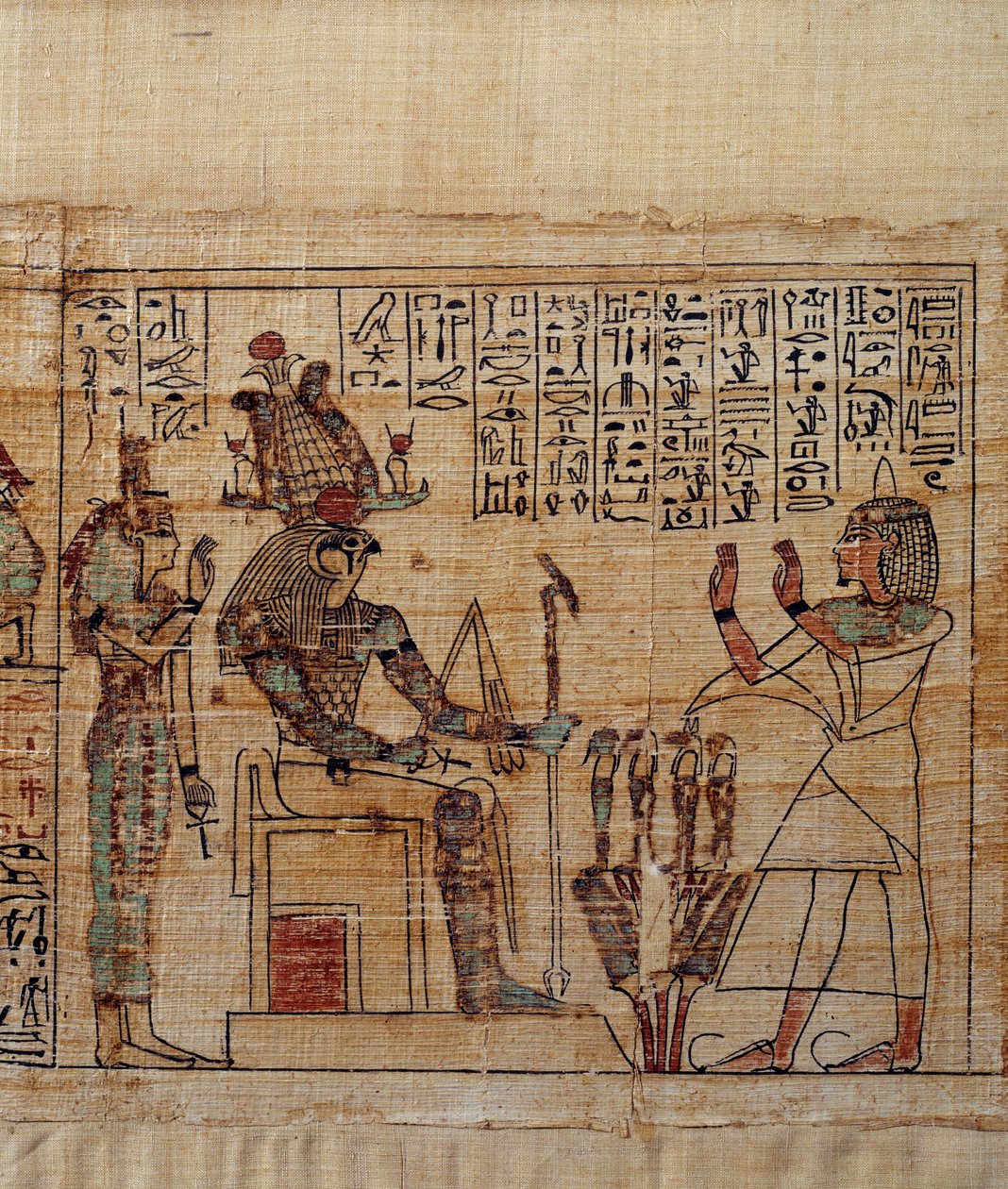 Altägyptische Kunst: Mythologischer Papyrus von Serimen. Serimen im Gebet vor dem Gott Ptah-Sokar-Osiris, gefolgt von Isis. Manuskript der 21. Dynastie (ca. 1069-945 v. Chr.), Dritte Zwischenzeit (ca. 1069-664 v. Chr.) von School Egyptian