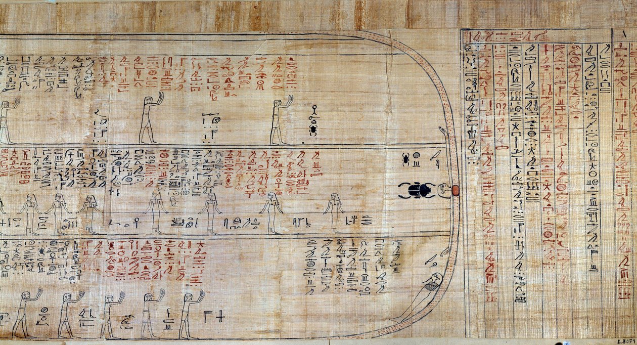 Ägyptische Antike: Papyrus aus dem Buch der geheimen Häuser. Dieses Buch ist eine kommentierte Darstellung der unterirdischen Reise der Sonne während der zwölf Stunden der Nacht. Zuerst an den Wänden der königlichen Gräber gezeichnet, wurde es dann auf Pap von School Egyptian