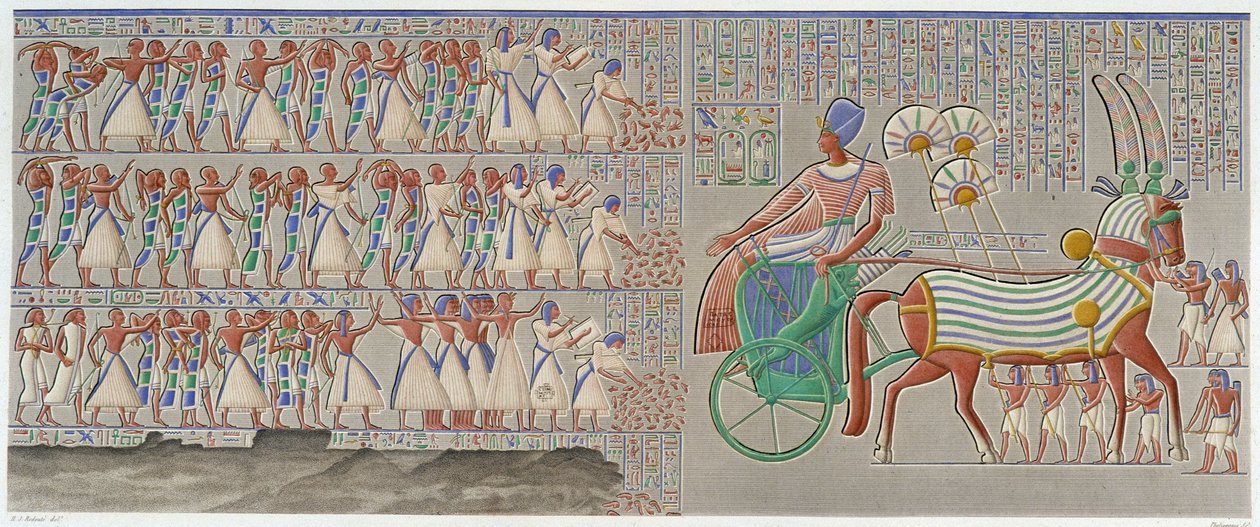 Theben, Medynet-Abu: farbiges Basrelief, geschnitzt in der Südgalerie des Peristyls des Palastes - in „Ägyptische Antiquitäten“, T.II von School Egyptian