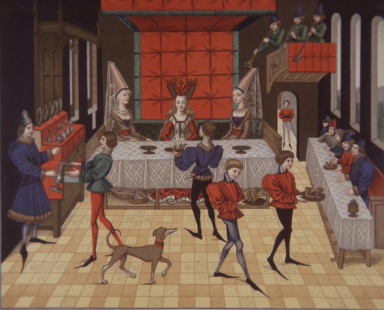 Aristokratische Damen des 15. Jahrhunderts beim Abendessen von School English