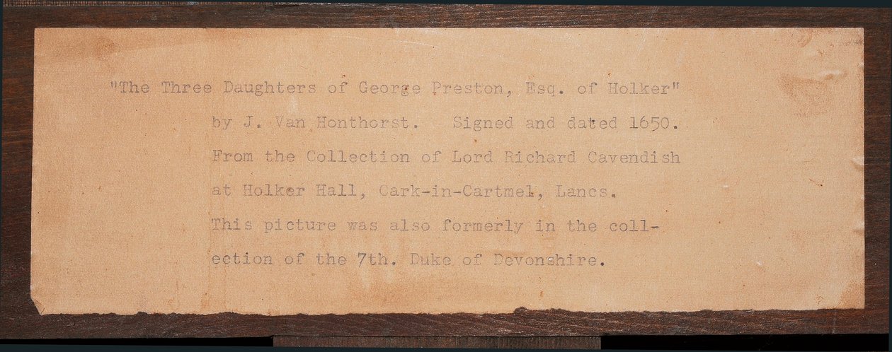 Detail der Inschrift, von einem Porträt der drei Kinder von George Preston von Holker (Detail) von School English
