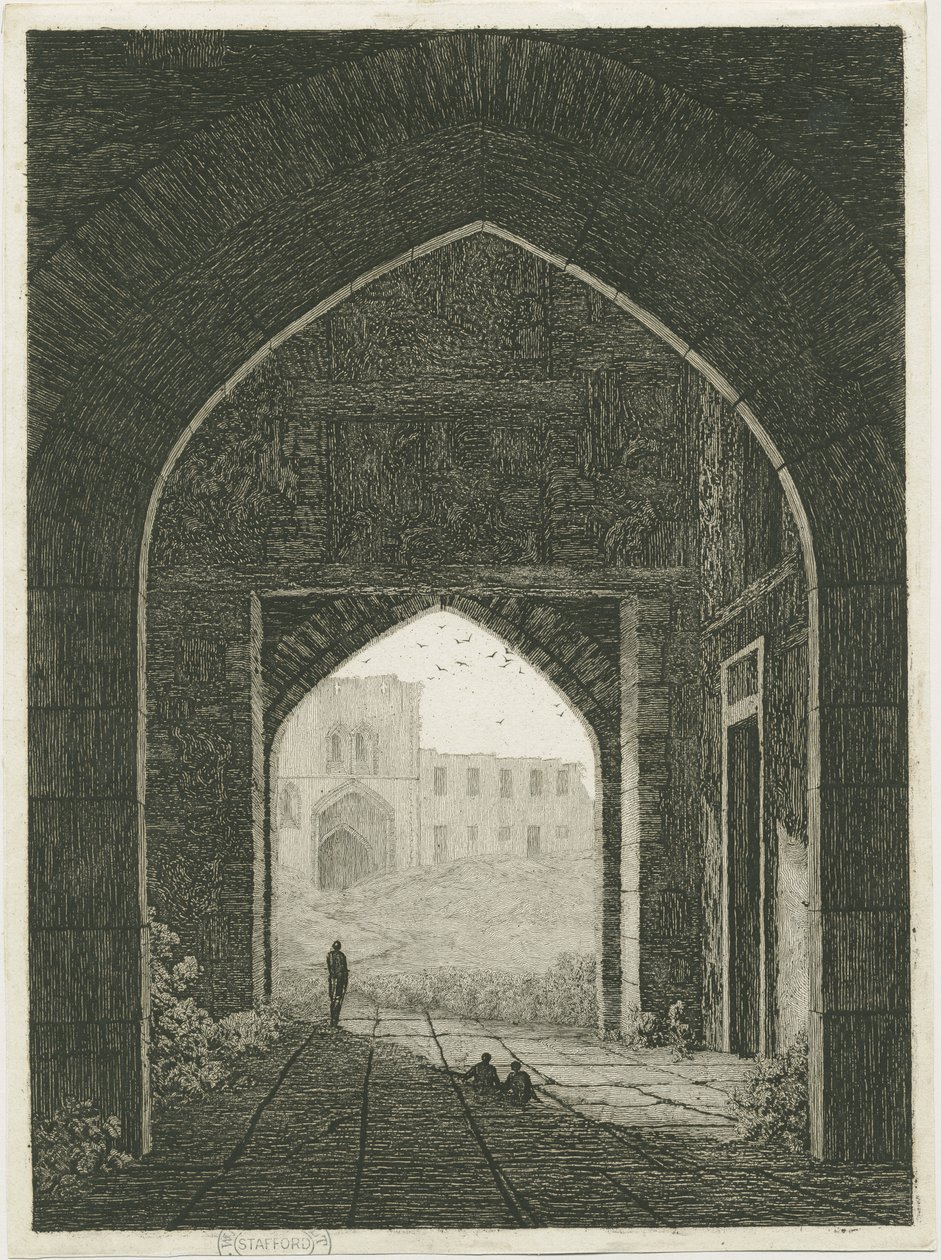 Dudley Castle - Torhaus und Nordtor: Radierung, nd [?19. Jh.] (Druck) von School English