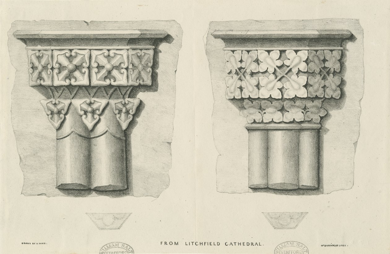 Innenraum der Kathedrale von Lichfield - Geschnitztes Laubwerk: Lithographie, undatiert [?19. Jh.] (Druck) von School English