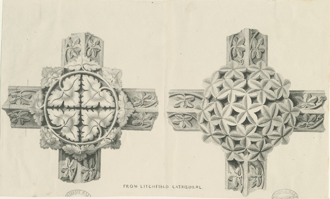 Innenraum der Lichfield Cathedral - geschnitztes Laubwerk: Lithographie, nd [?19. Jh.] (Druck) von School English