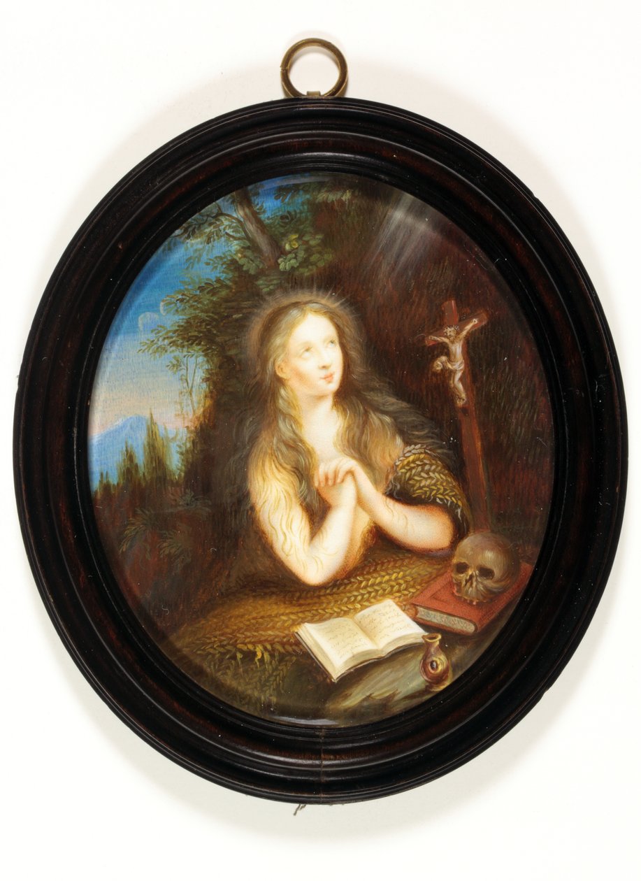 Maria Magdalena lehnt an einem Ufer, ihre Augen auf ein Kruzifix gerichtet von School English