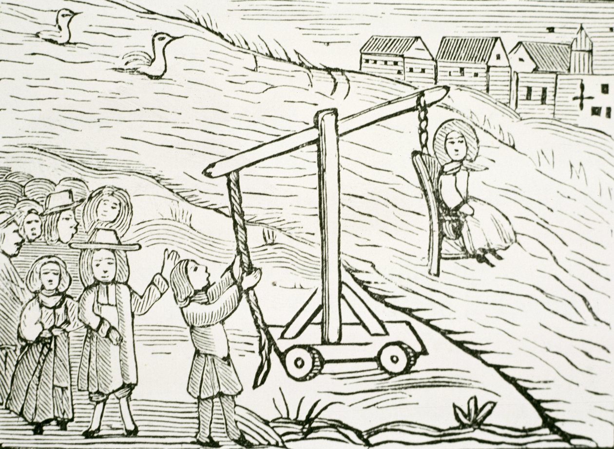 Frau auf einem Tauchstuhl, der Hexerei beschuldigt, Illustration aus einer Sammlung von Heftchen über Esoterik von School English