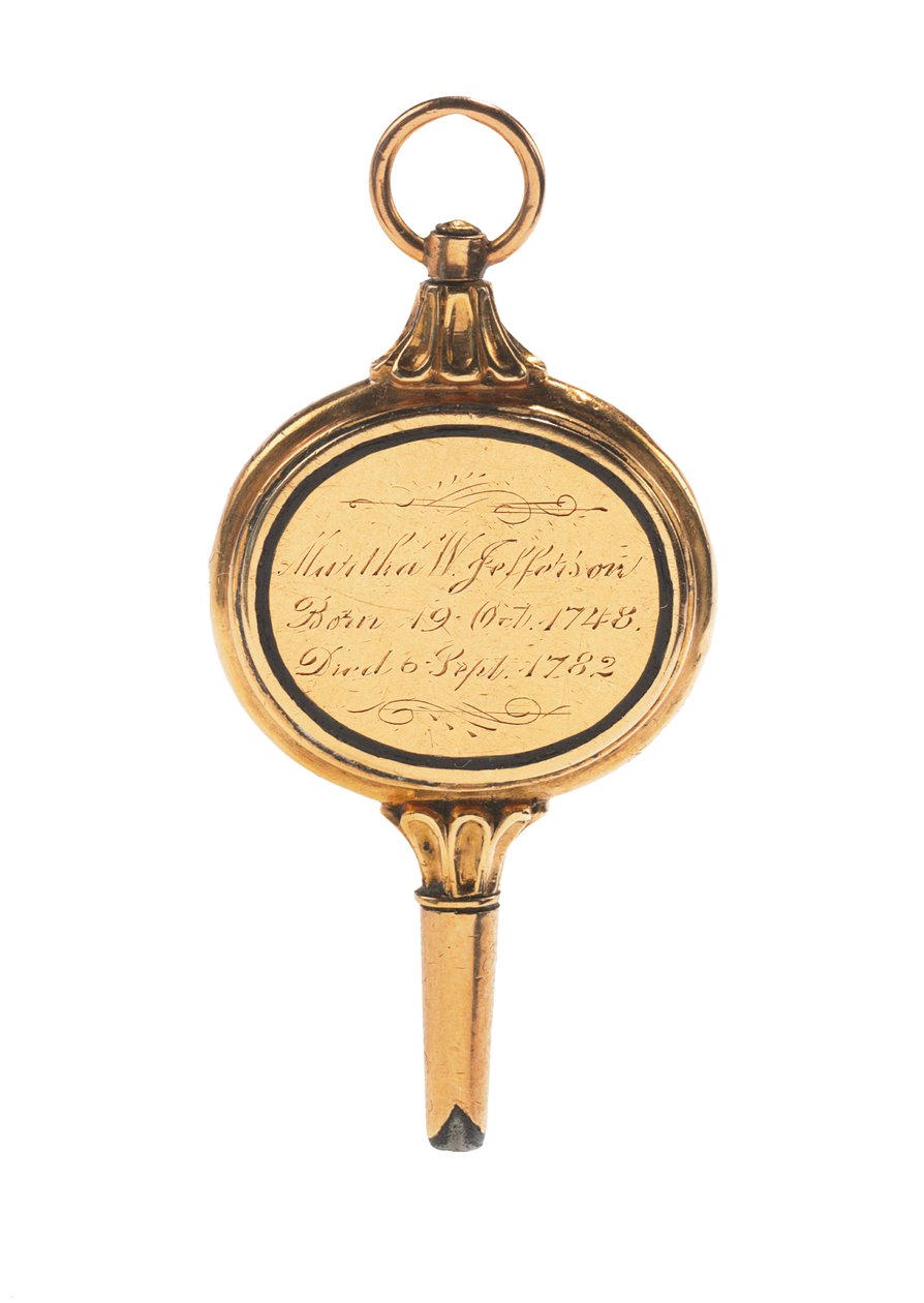 Memento Mori gravierter Uhrenschlüssel, mit Haarlocke von Martha Wayles Jefferson, Französisch oder Englisch, spätes 18. - frühes 19. Jahrhundert von School European