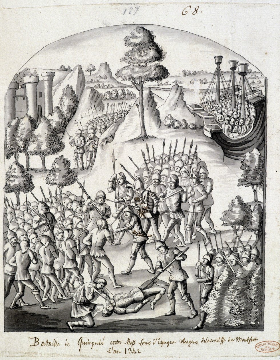 Schlacht von Quimperlé zwischen Messire Louis von Spanien und den Leuten der Gräfin von Montfort von School French