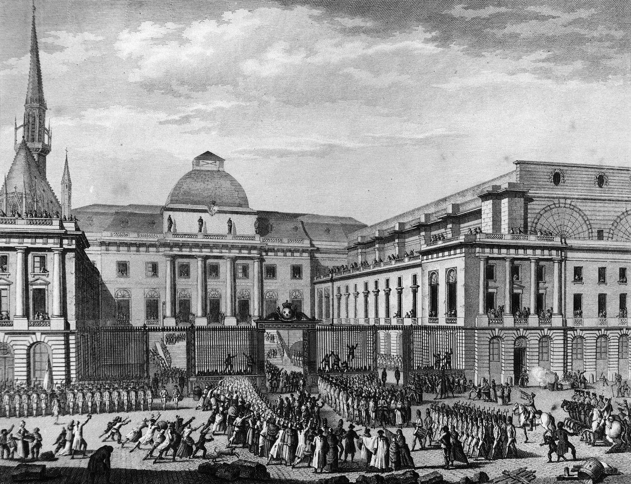 Französische Revolution: Pariser Rathaus, Parlament im November 1790 auf der Île de la Cité unter dem Vorsitz von Jean Baptiste Gaspard Bochart de Saron. Paris, Bibliothek des Instituts für Revolutionsgeschichte von School French