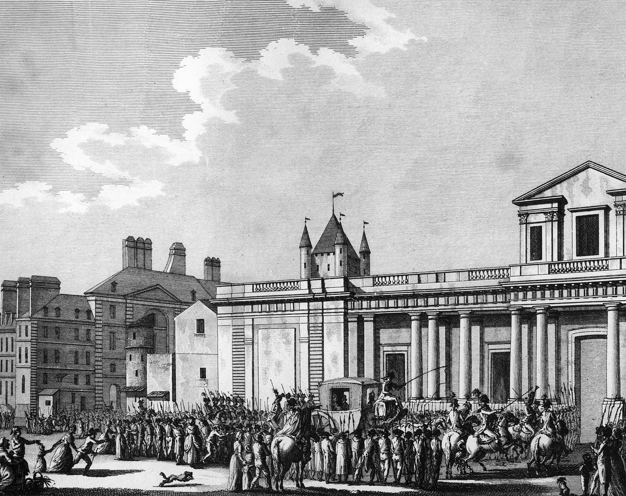 Französische Revolution: Überführung der königlichen Familie (Louis XVI, Marie Antoinette, der Dauphin Louis Charles de France oder Louis XVII und Marie Therese, bekannt als „Madame Royale“) ins Temple-Gefängnis in Paris am 13. August von School French