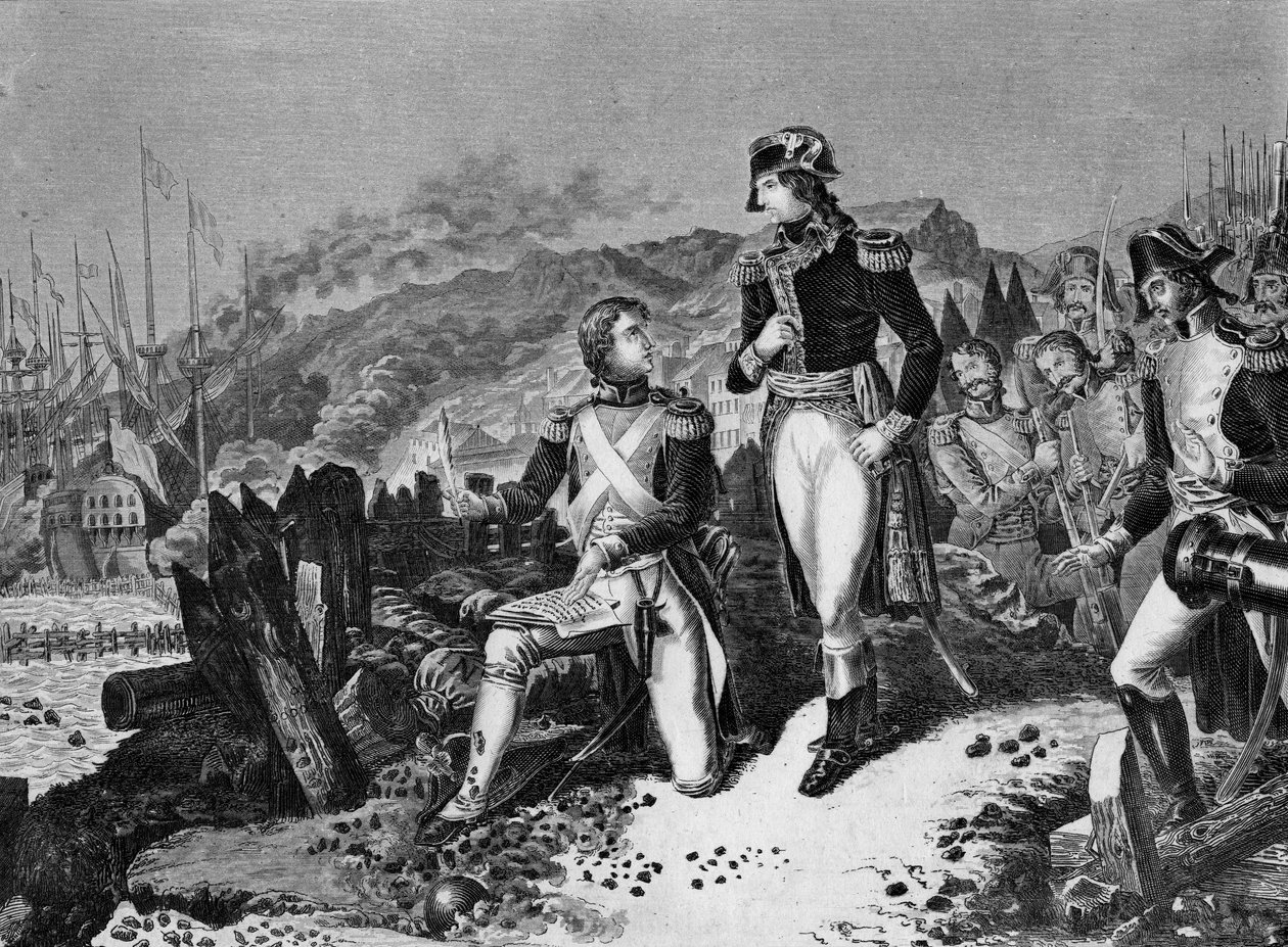 General Jean Andoche Junot (1771-1813), Herzog von Abrantes, schreibt einen Brief für Napoleon Bonaparte bei der Belagerung von Toulon im Dezember 1793. Junot und General Napoleon Bonaparte während der Belagerung von Toulon von School French