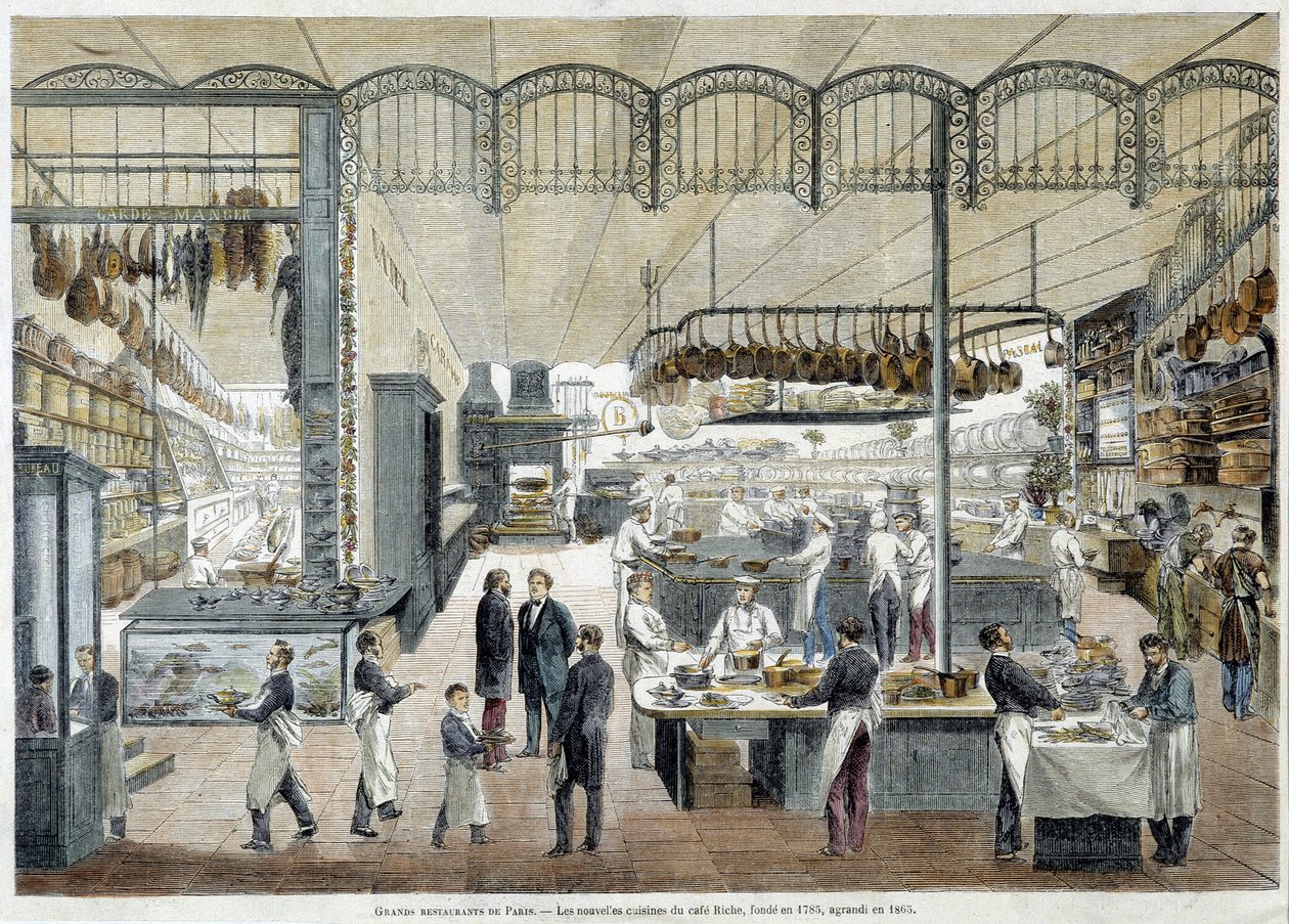 Große Restaurants in Paris: die neuen Küchen des Cafés Riche, gegründet 1785, erweitert 1865. von School French