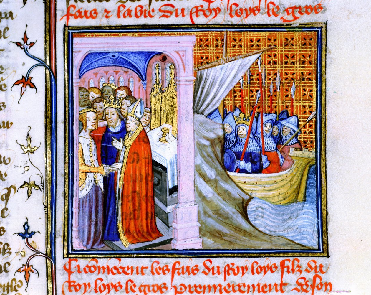 Heirat von Eleonore von Aquitanien und Ludwig VII. von Frankreich (1137) links, und Einschiffung zum Zweiten Kreuzzug 1147-1149, aus 