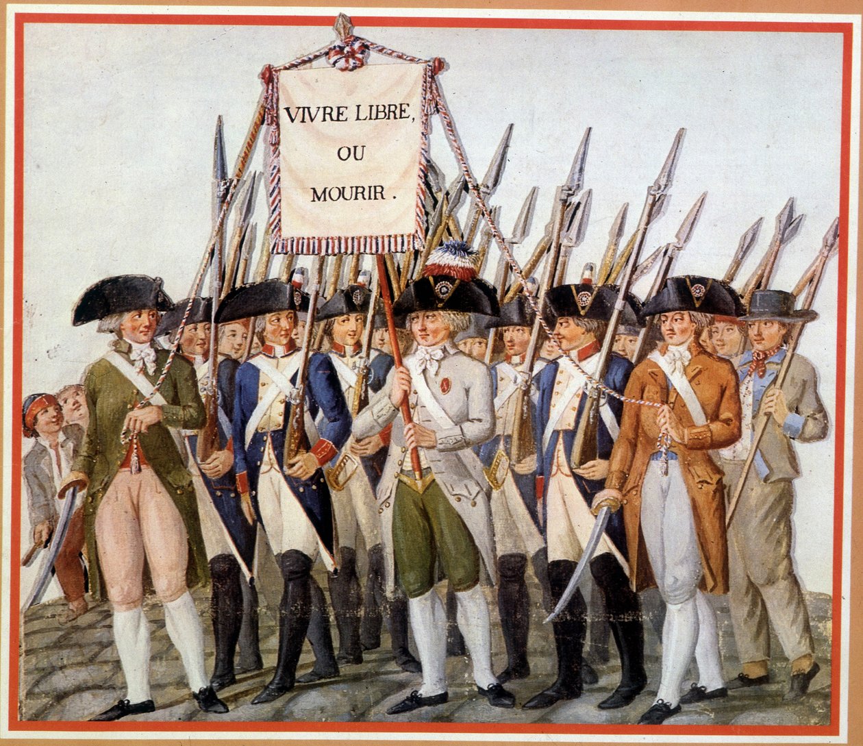 Nationalgardisten mit der Fahne „Lebe frei oder stirb“ von School French