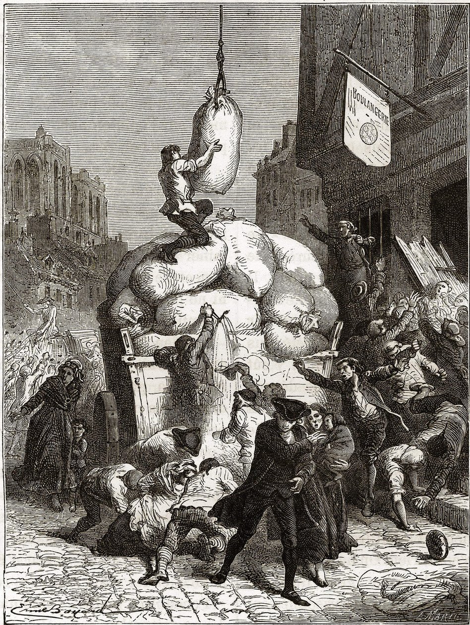 Der Mehlkrieg: Plünderung von Bäckereien in Paris, um 1775 (erste Früchte der Französischen Revolution) von School French