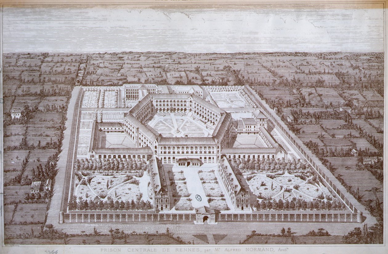 Ansicht des Frauengefängnisses von Rennes, entworfen von Architekt Alfred Normand, veröffentlicht von Intime-Club, Paris von School French