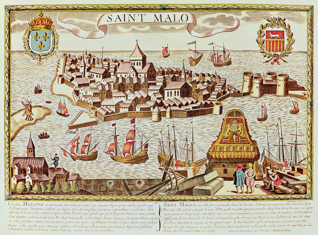 Ansicht des Hafens und der befestigten Stadt Saint Malo, an der Küste der Bretagne gelegen von School French
