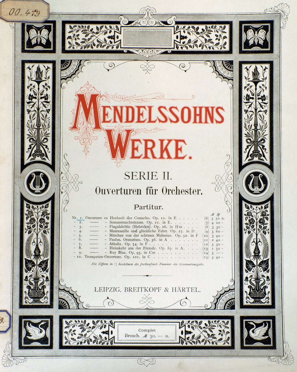 Titelblatt der Partitur "Ouverture Op. 10 für Orchester" von Felix Mendelssohn (Farblithografie) von School German