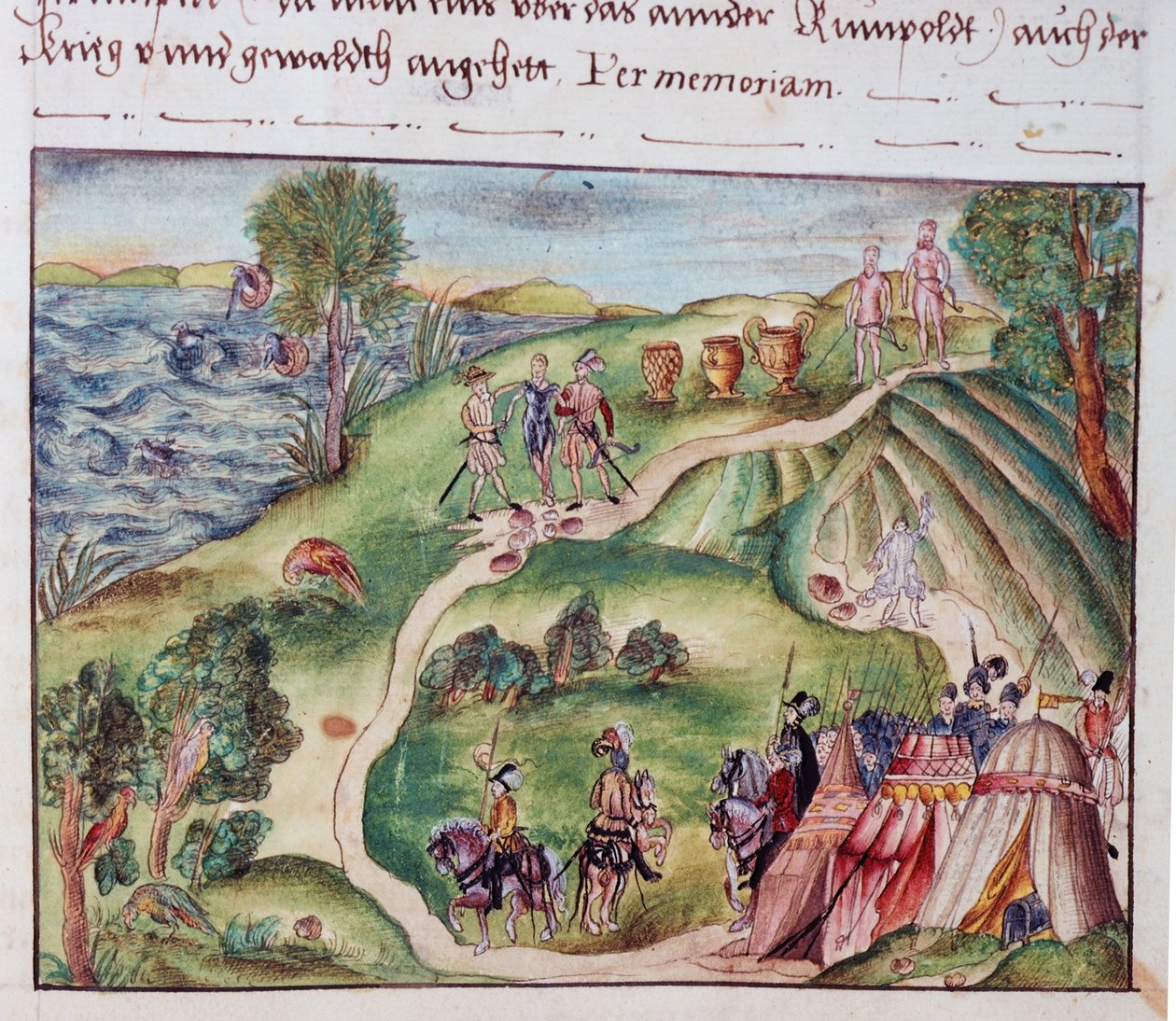 Eine venezolanische Landschaft mit einem spanischen Lager, aus einer Sammlung von Memoiren der Familie Coeler, Nürnberg von School German