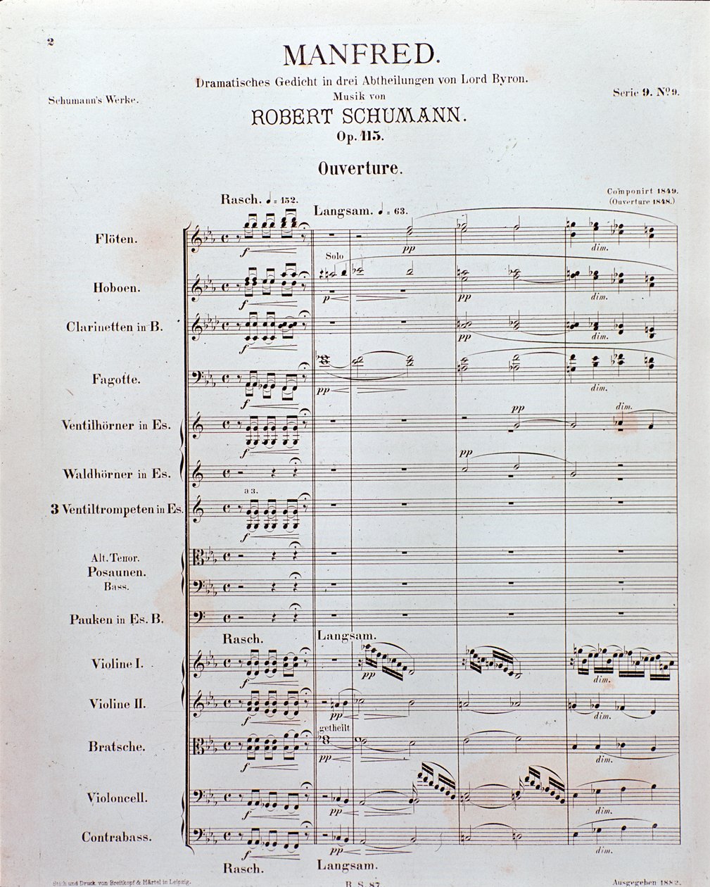 Notenblatt der Eröffnung von "Manfred" (Opus 115) von dem deutschen Komponisten Robert Schumann von School German