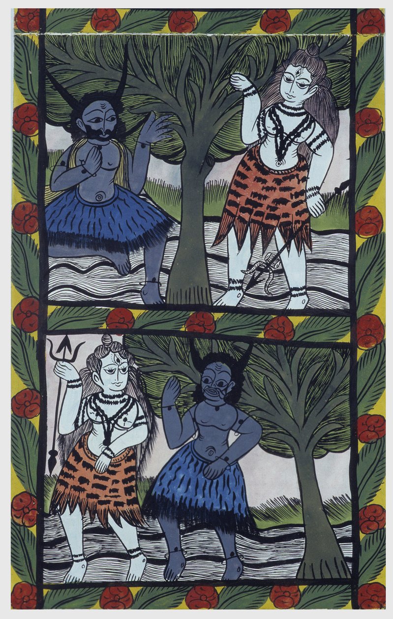 Kama, Gott der Begierde, schickt einen Liebespfeil zu Shiva in Meditation, um sich mit Parvati zu vereinen. Pat: bemalte Rolle aus der Region Bengalen, dient als Erzählmedium für die Sänger Baoul (Baul). Leonard de Selva Privatsammlung. von School Indian