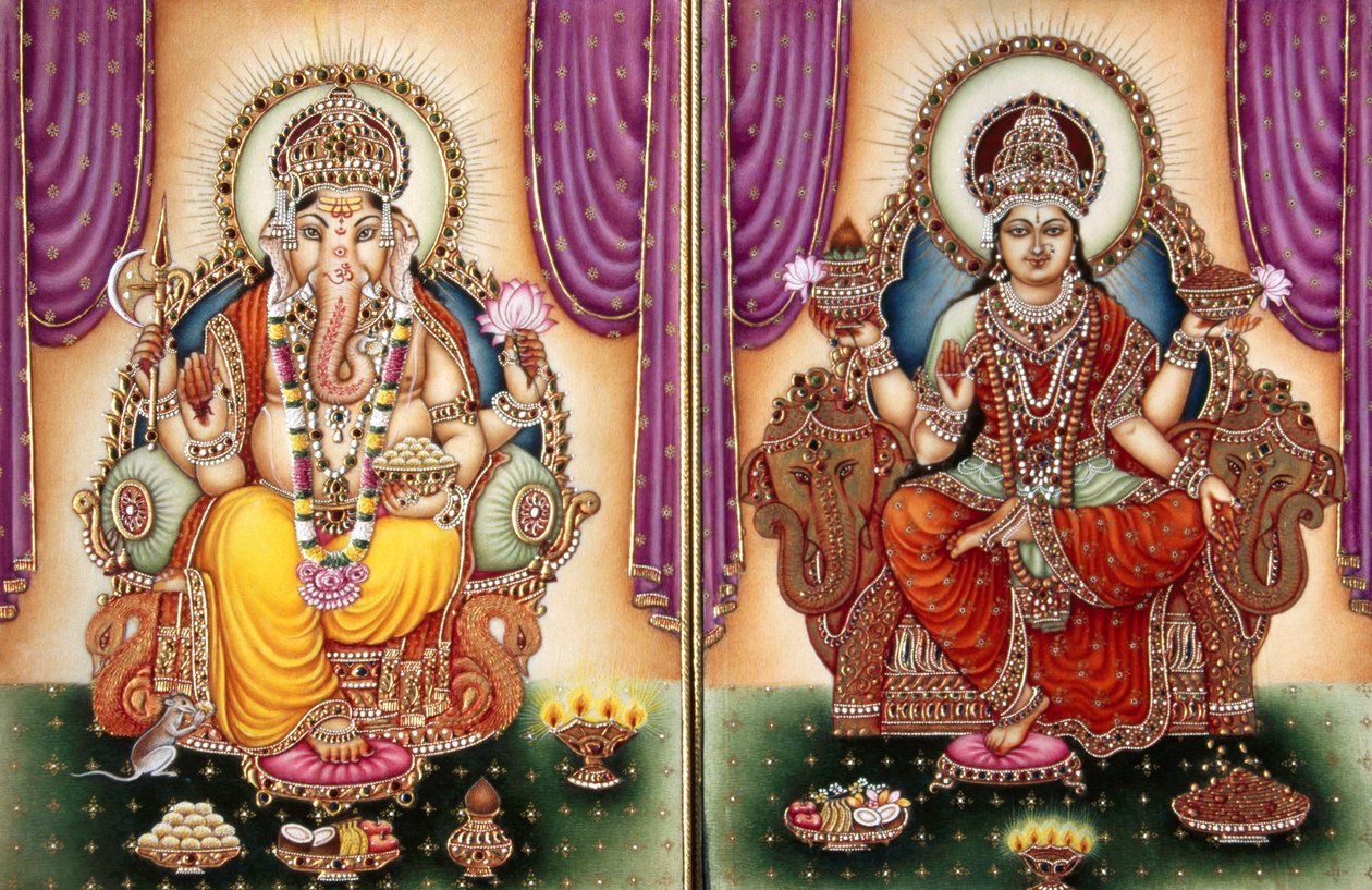 Lord Ganesh Ganpati Göttin und Lakshmi Miniaturmalerei auf Elfenbein von School Indian