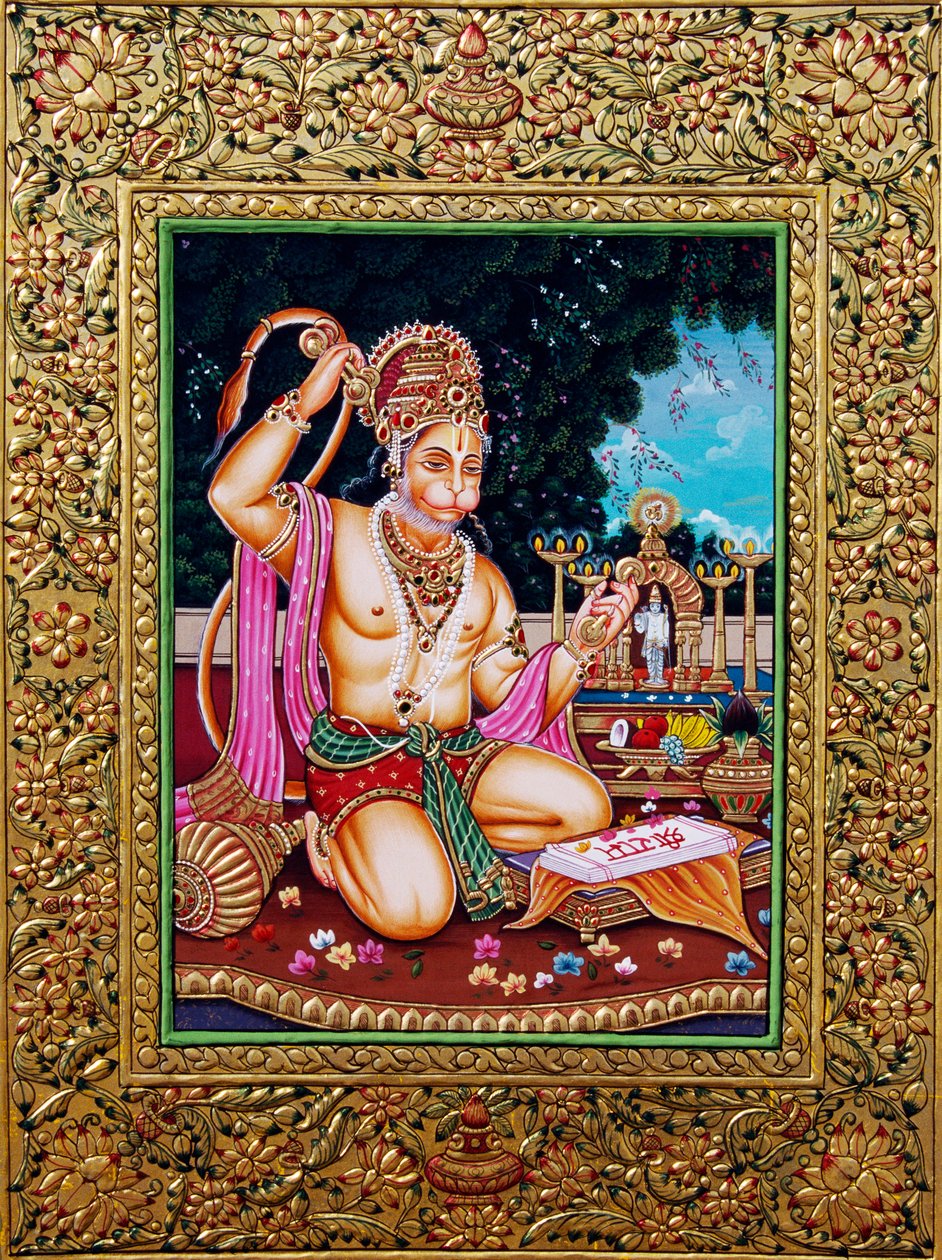 Lord Hanuman Miniaturmalerei auf Papier mit Goldprägung von School Indian