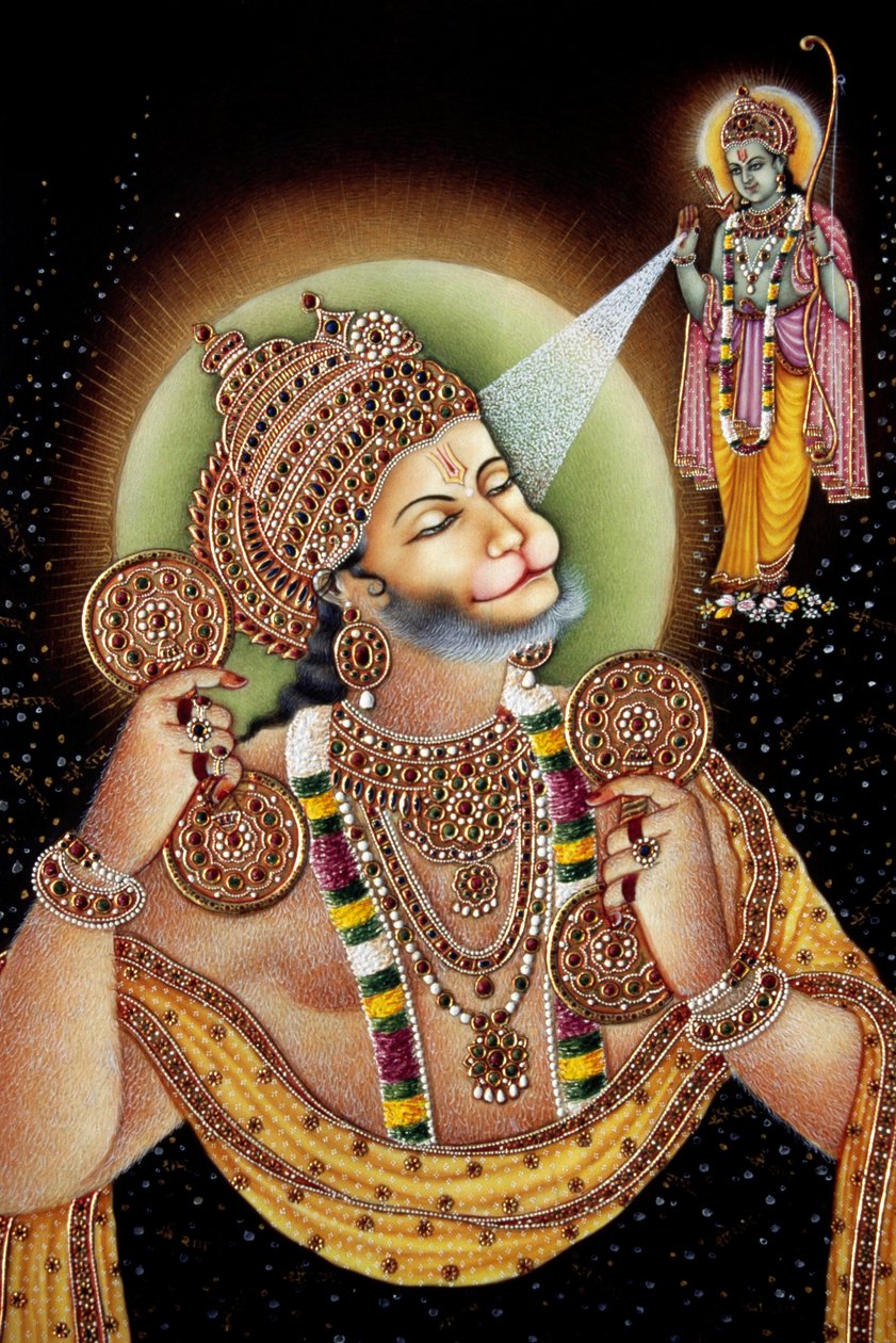 Lord Hanuman und Rama Miniaturmalerei auf Papier von School Indian
