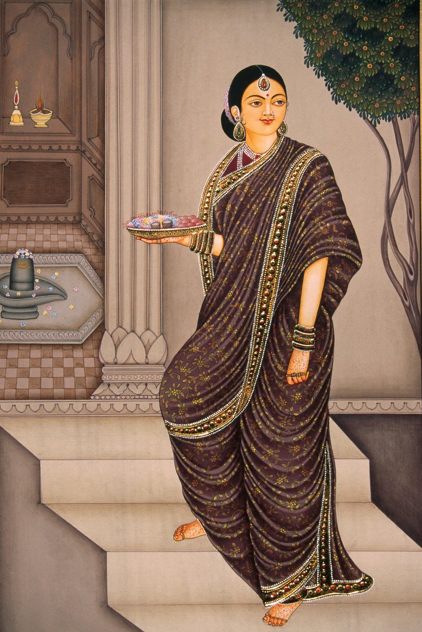 Marathi-Dame geht zum Tempel, Miniaturmalerei auf Papier von School Indian