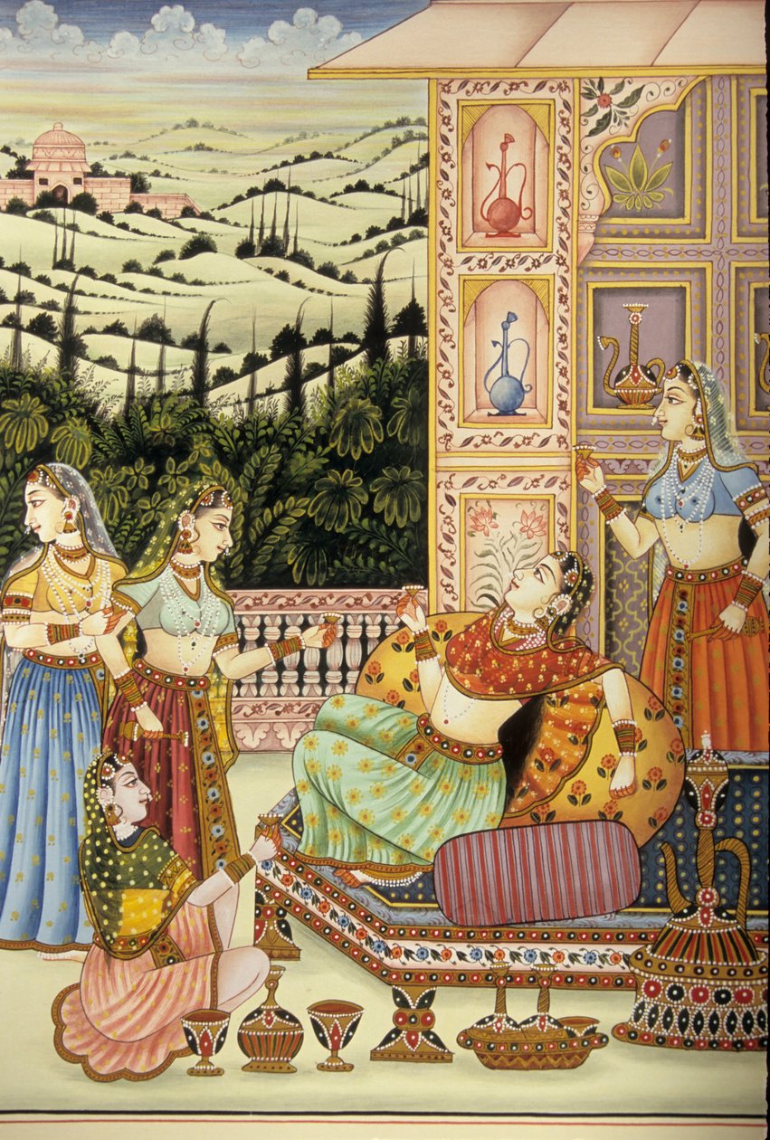 Miniaturmalerei einer Mughal-Dame, die ein Getränk genießt, Indien von School Indian