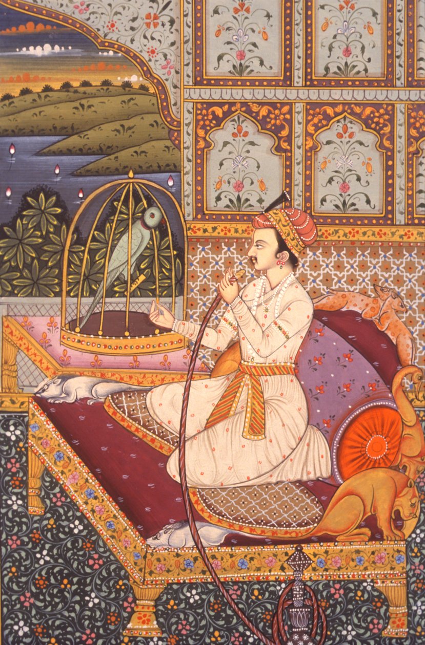 Miniaturmalerei eines Mogulprinzen, der Hooka genießt, Indien von School Indian