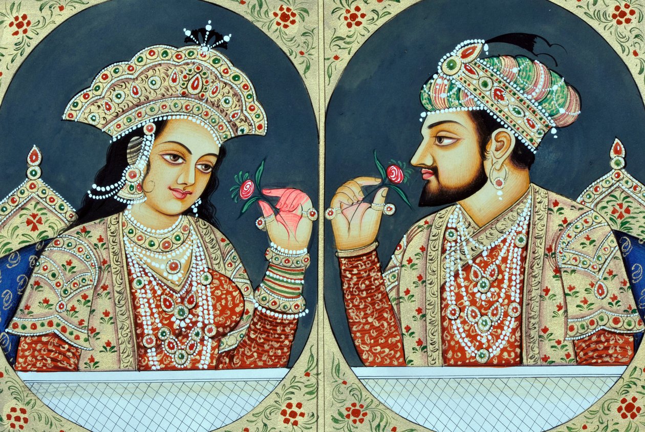 Miniaturmalerei von Shah Jahan und Mumtaj, Indien, Asien von School Indian