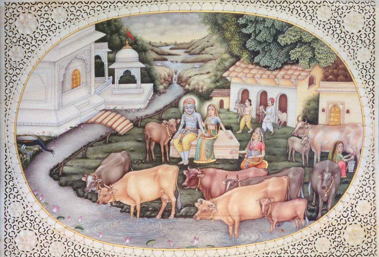 Miniatur von Krishna, eine Milchmagd sitzt auf einem Feld mit Vieh von School Indian