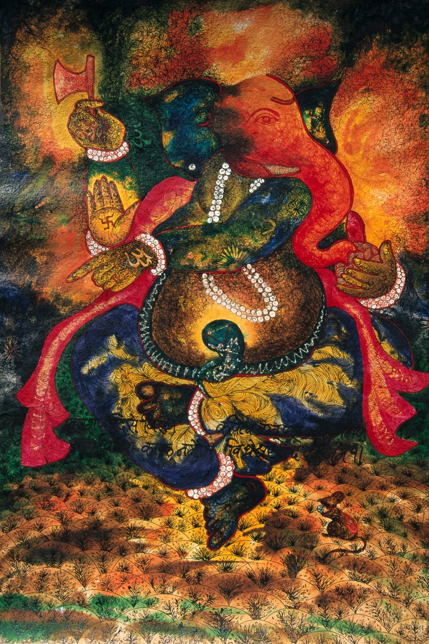 Miniaturmalerei von Gott Ganesh Ganpati auf Papier von School Indian