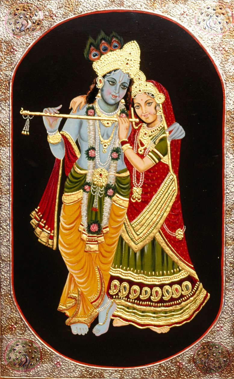 Malerei von Gott Krishna & seiner größten Verehrerin Radha, Indien von School Indian