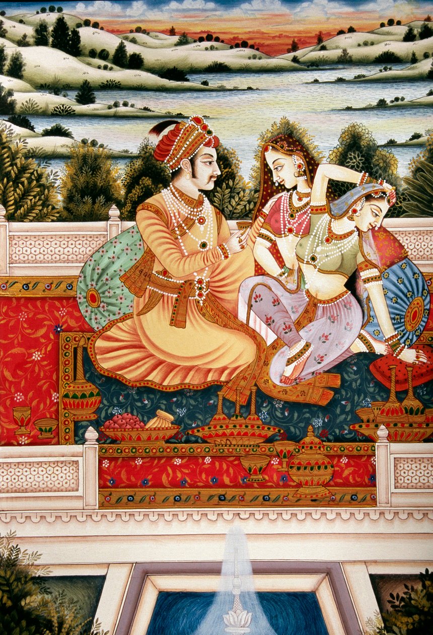 Malerei des Mogulkaisers mit seinen Frauen in Liebesszene, Indien von School Indian