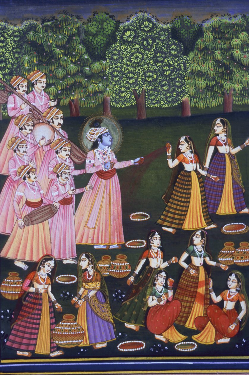 Bild von Krishna, der Holi mit Gopis spielt (Nalkdwral Pichwai Chool), Indien von School Indian