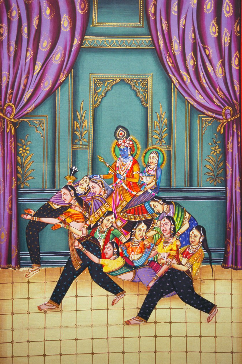 Radha Krishna mit Sakhis Miniaturmalerei auf Papier von School Indian