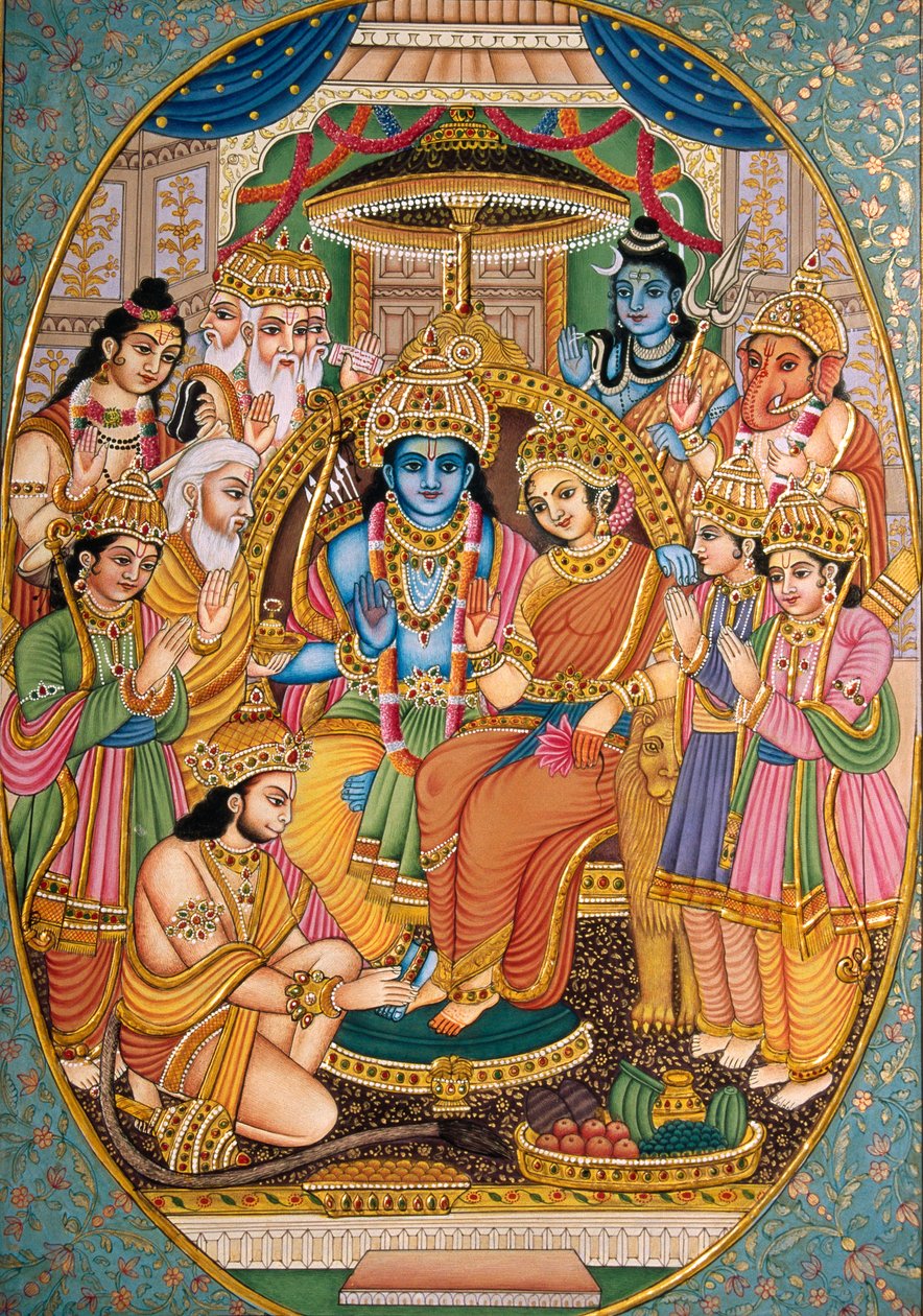 Ram-Darbar mit anderen Göttern Miniaturmalerei auf Papier von School Indian