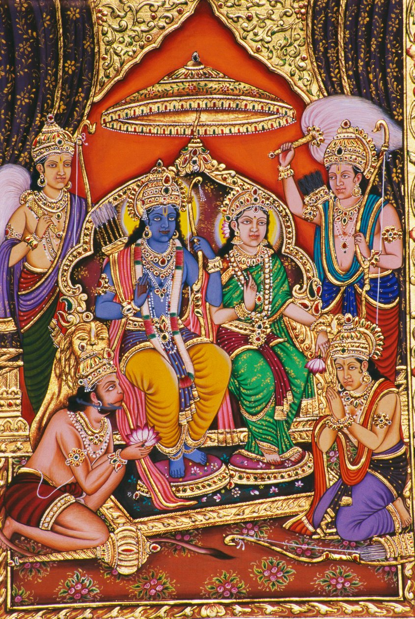 Ram Darbar Miniaturmalerei auf Papier mit Prägung von School Indian