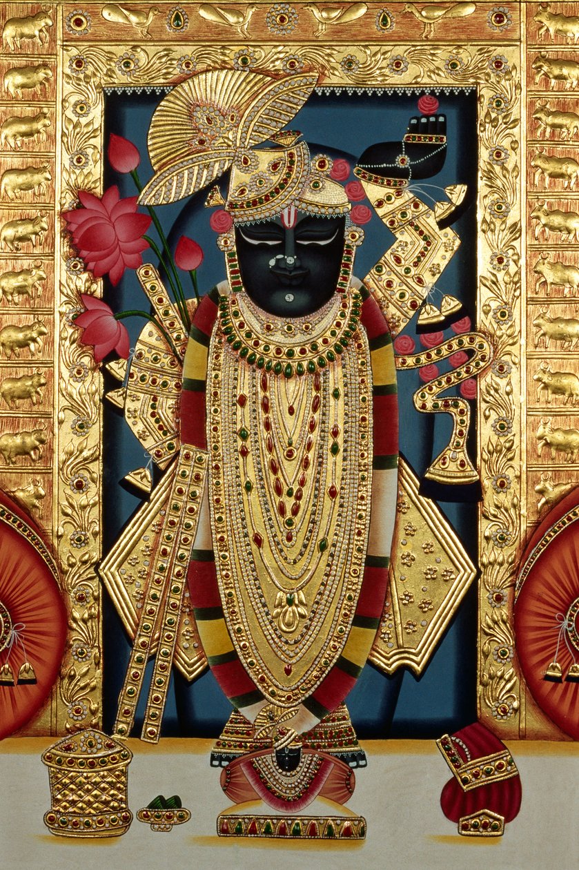 Shri Lord Shree Nathji oder Shreenathji in Nathdwara Miniaturmalerei auf Papier mit Goldprägung von School Indian