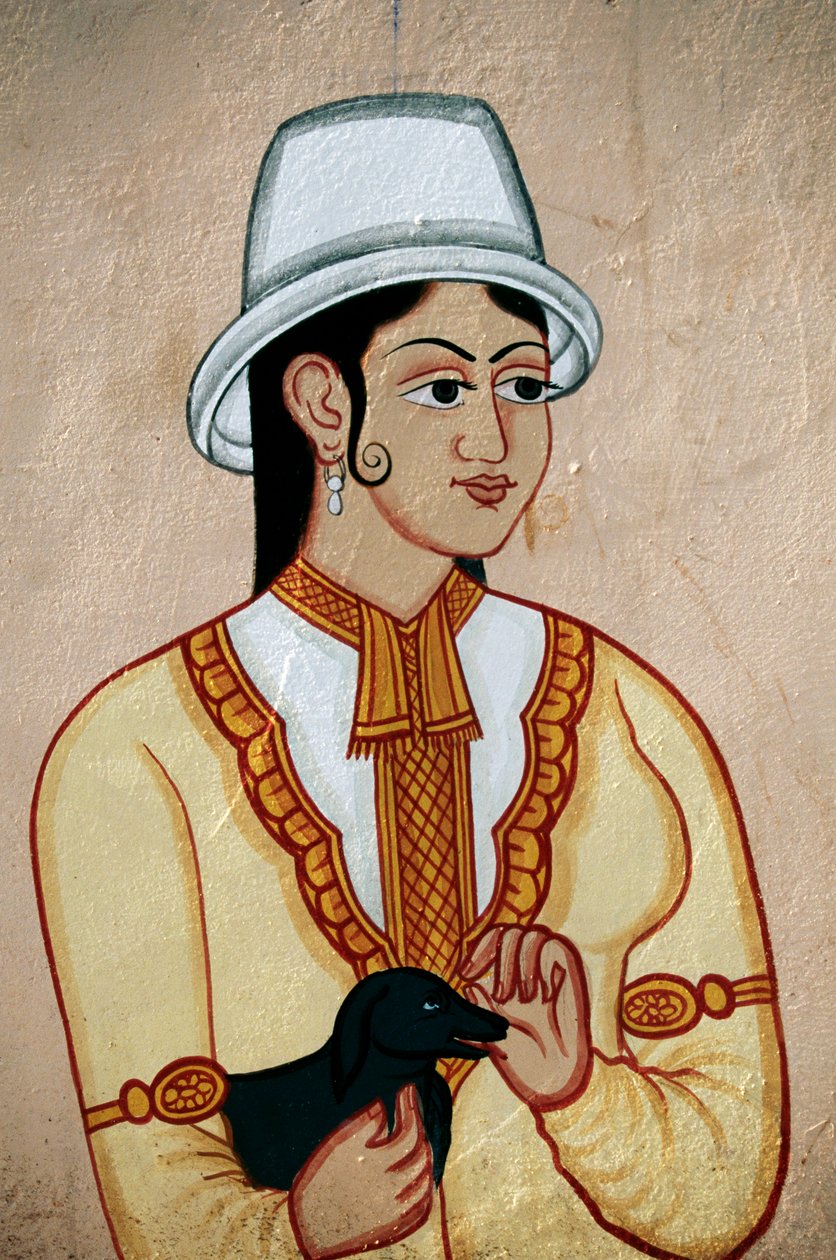 Wandmalerei einer britischen Dame mit Welpen, Jaipur, Rajasthan, Indien von School Indian