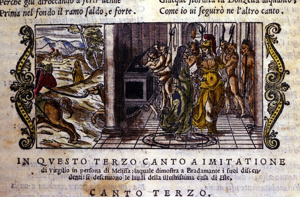 Bradamante trifft den Zauberer Melisse, der ihr erzählt, dass sie und Roger die Este-Dynastie gründeten. Szene aus dem Rittergedicht „Orlando Furioso“ (Der rasende Roland) von Ludovico Ariosto (1474 - 1533), Gesang III von School Italian