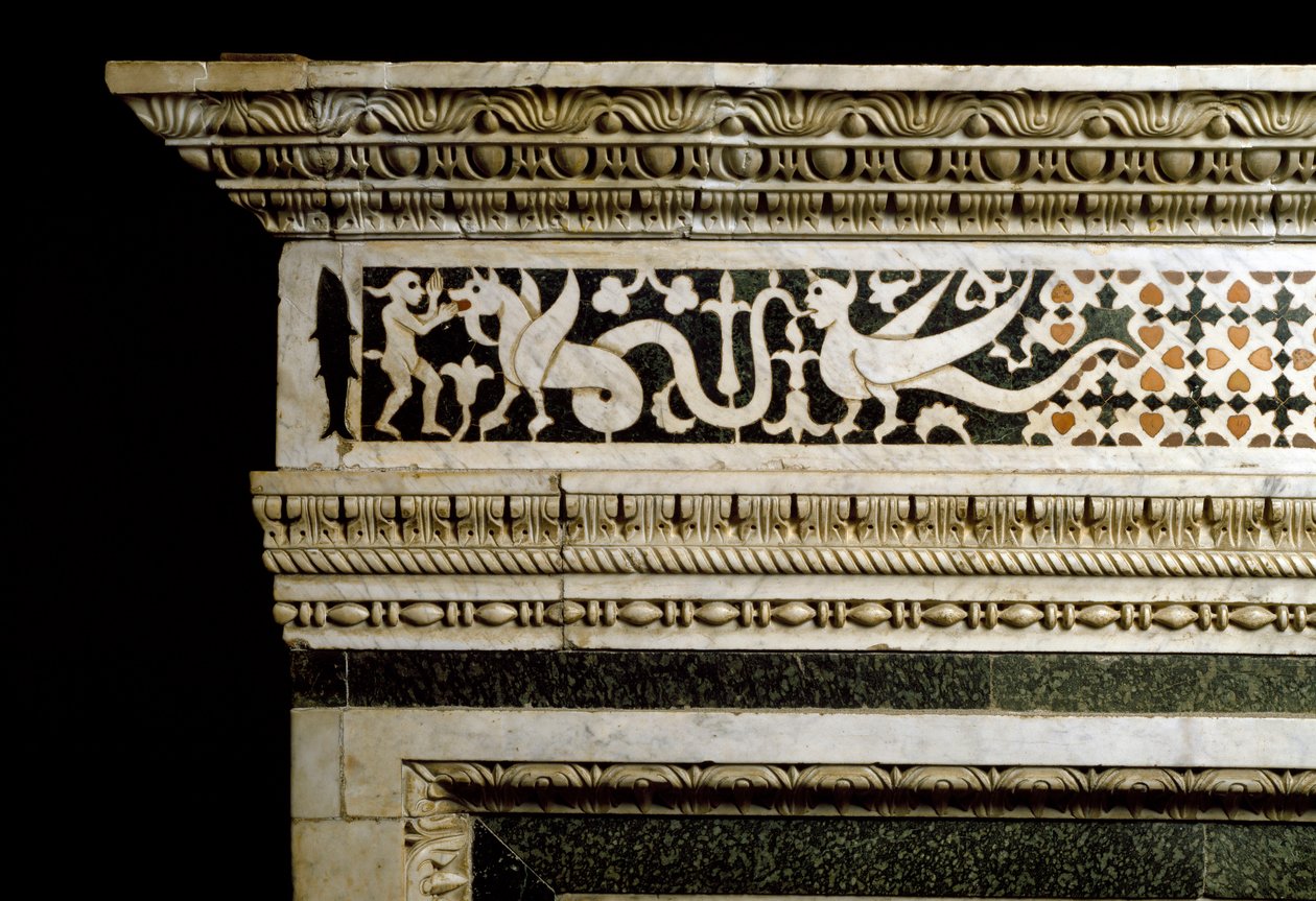 Detail der Dekorationen um die Marmortandola von School Italian