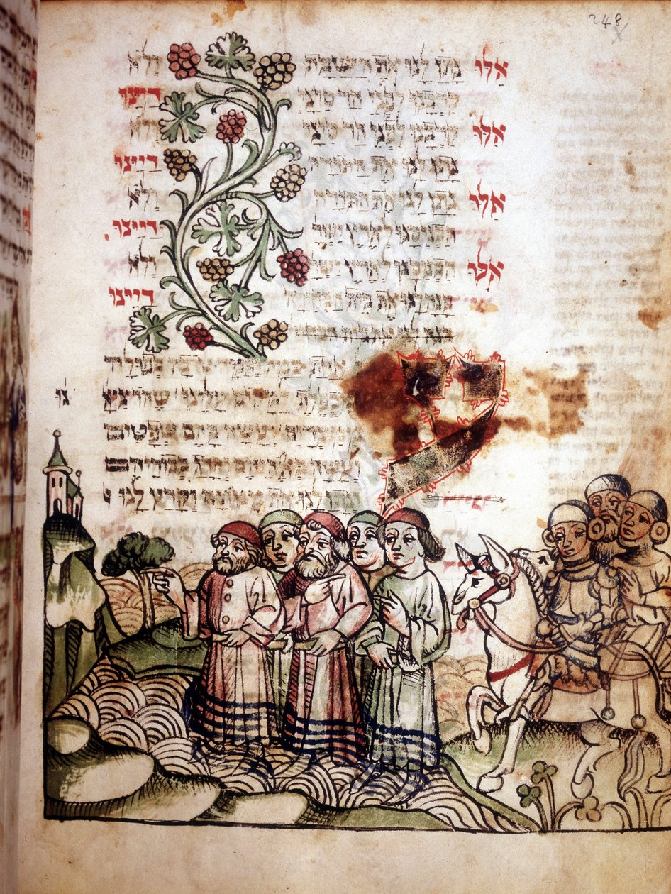 Biblische Szene: Juden überqueren das Rote Meer. Seite eines Machazor, Gebetbuch in Hebräisch. Manuskript. von School Jewish