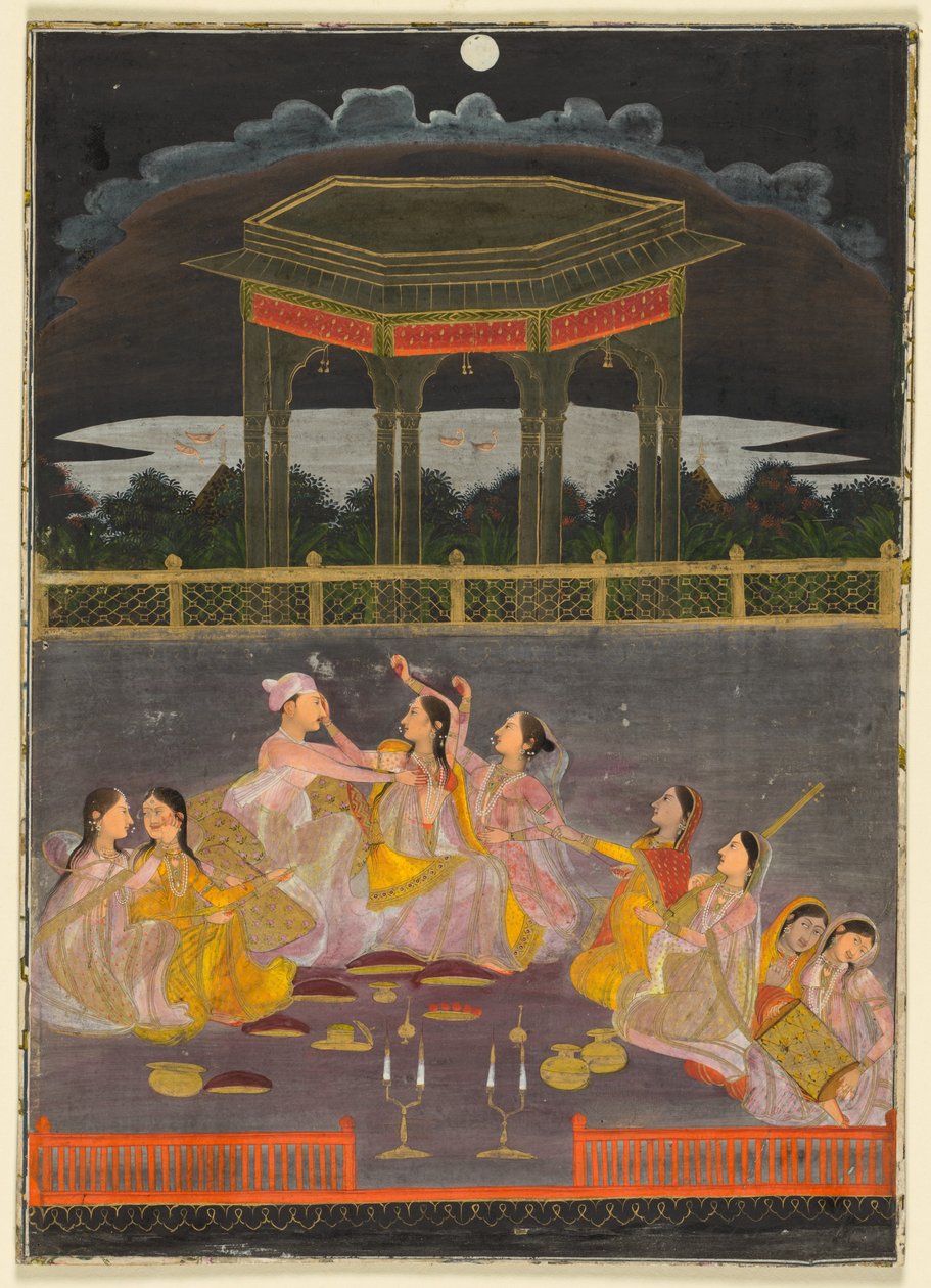 Ein Prinz feiert Holi mit Palastfrauen auf einer Terrasse bei Nacht, um 1760 von School Mughal