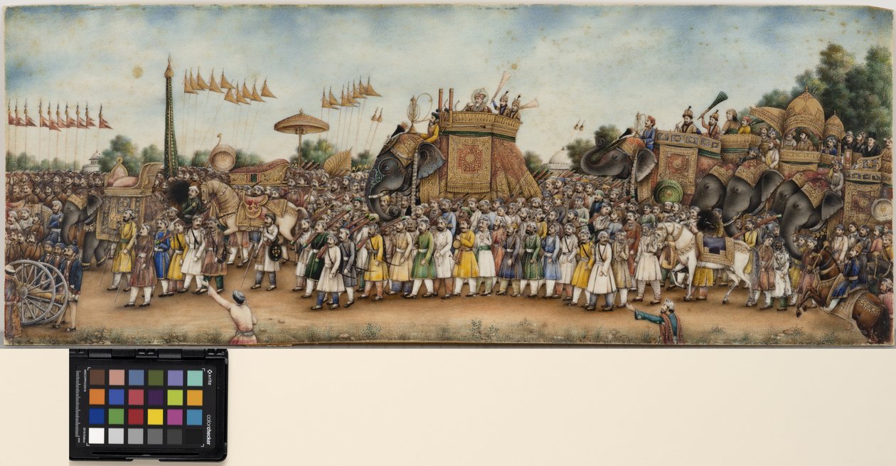 Akbar Shah II reitet auf einem Elefanten in einer großen Prozession, ca. 1835 von School Mughal