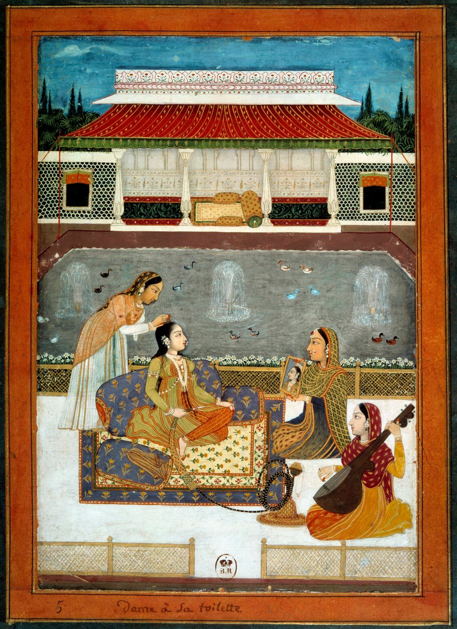 Eine indische Prinzessin bei ihrer Miniaturtoilette aus der Mughole-Schule von 1740 von School Mughal