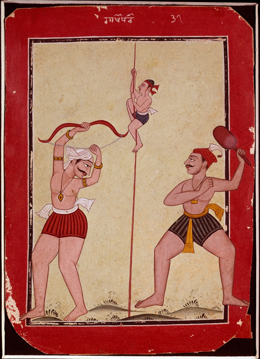 Drei Athleten beim Training (Seil, Bogenschießen und Schneeschuhspiel) (Miniatur) von School Mughal